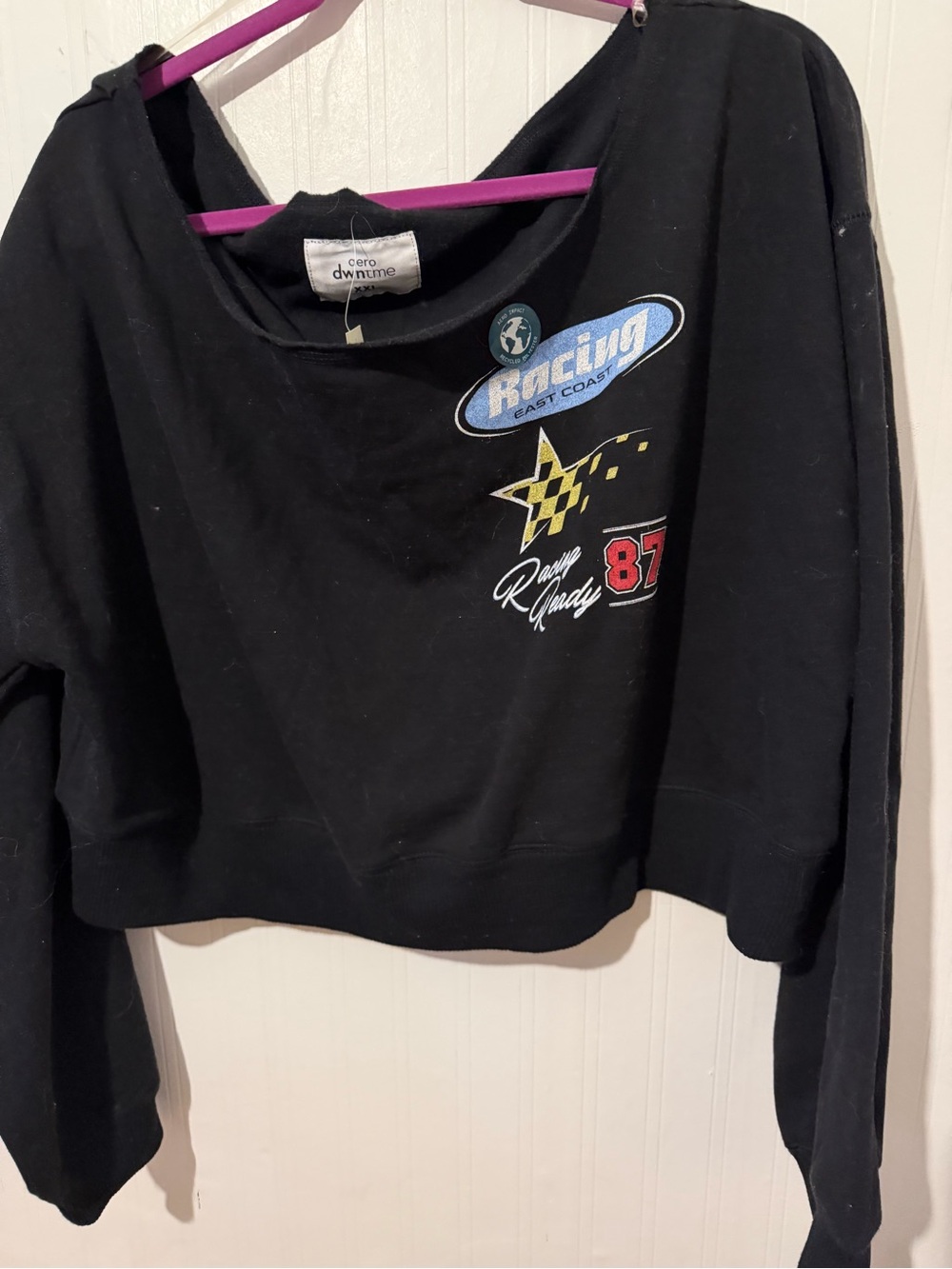 Aeropostale Off shoulder Black Racing Graphic Cropped Sweatshirt NWT